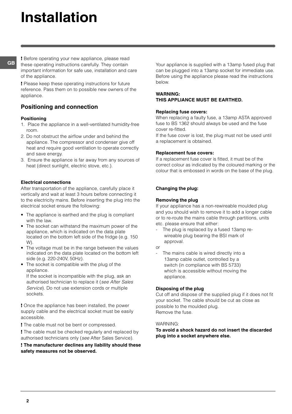 Installation | Hotpoint RF175B User Manual | Page 2 / 12