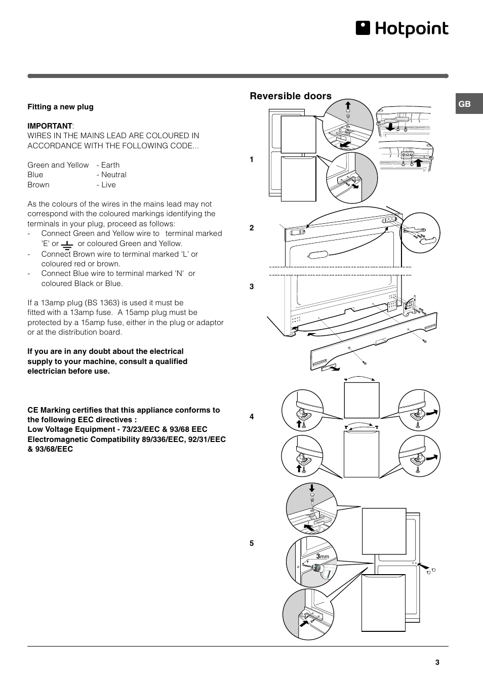 Reversible doors | Hotpoint RF175B User Manual | Page 3 / 12