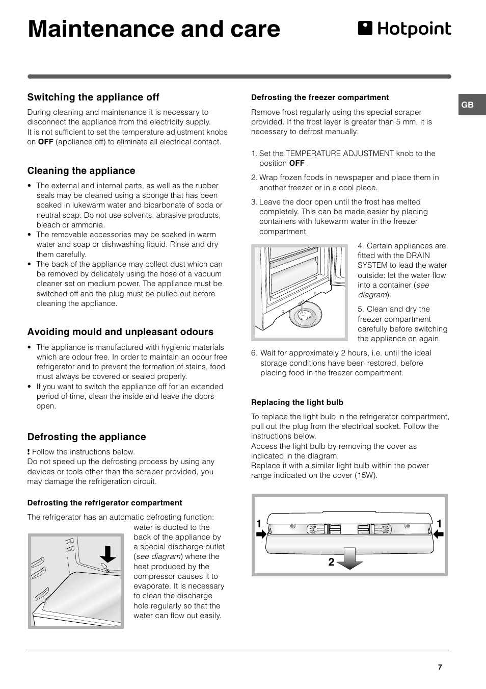 Maintenance and care | Hotpoint RF175B User Manual | Page 7 / 12