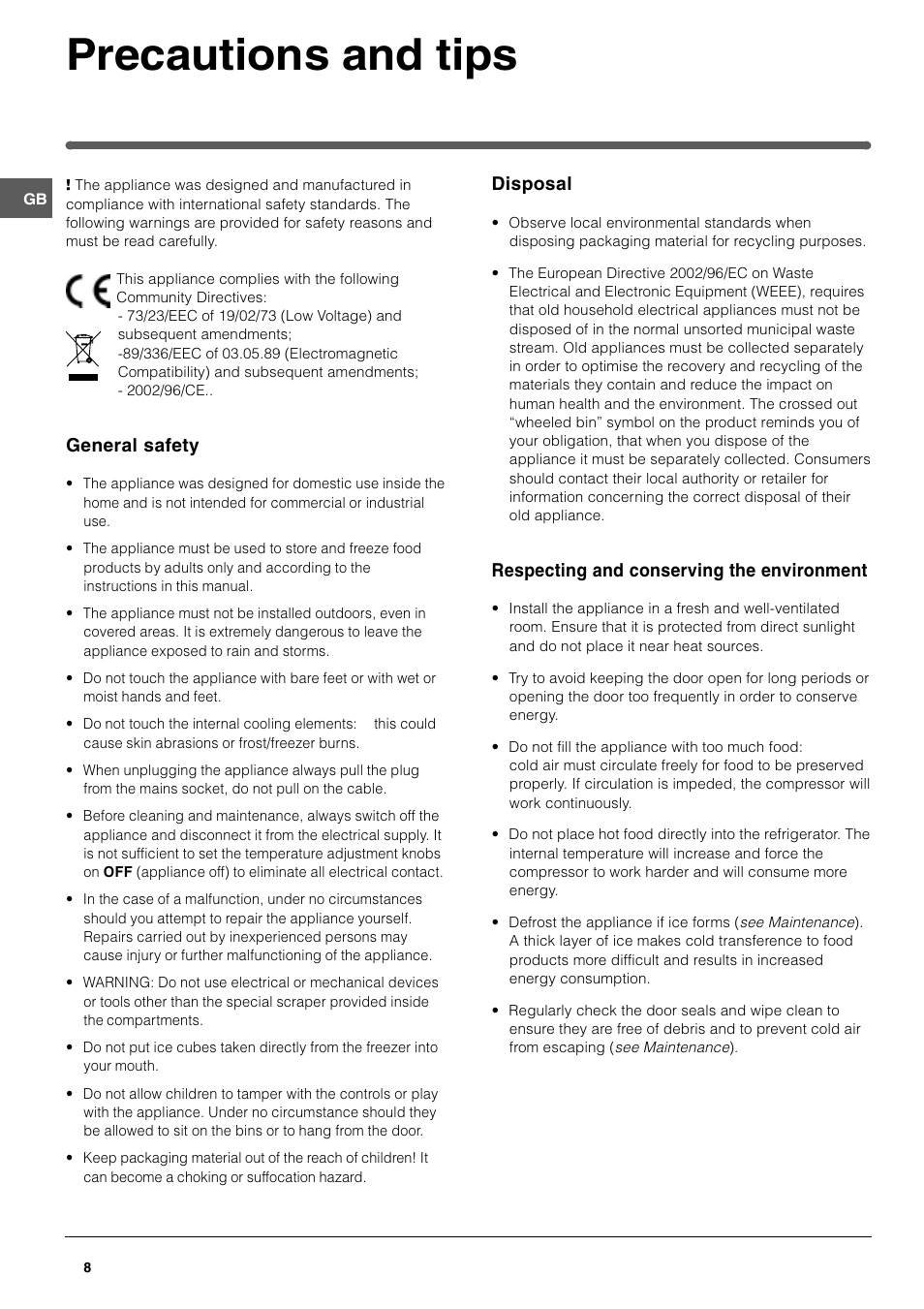 Precautions and tips | Hotpoint RF175B User Manual | Page 8 / 12