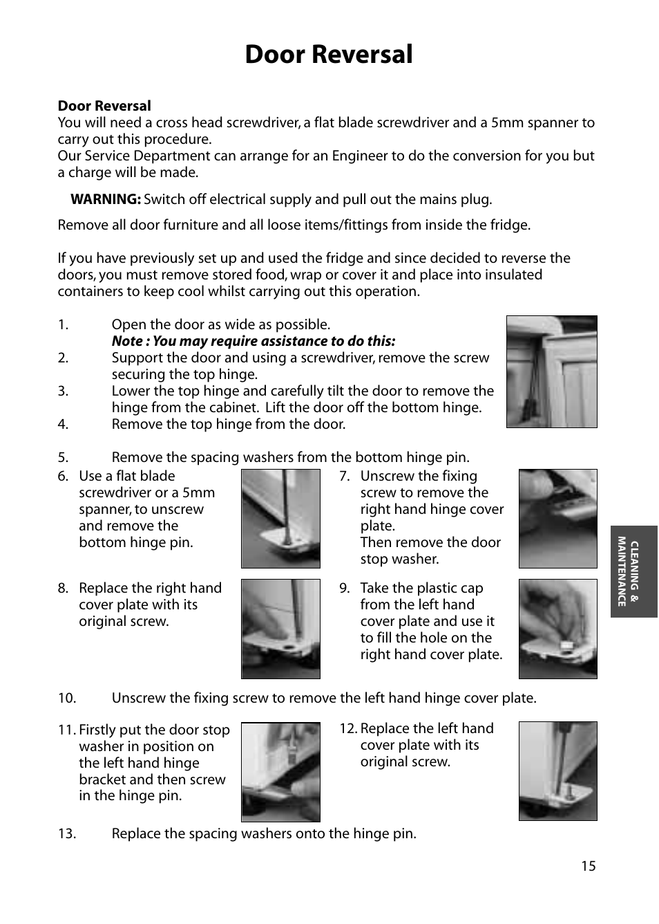 Door reversal | Hotpoint RLM80 User Manual | Page 15 / 20