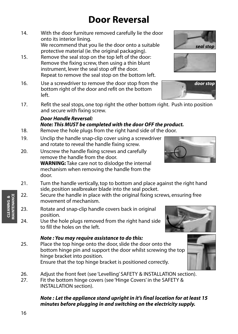 Door reversal | Hotpoint RLM80 User Manual | Page 16 / 20