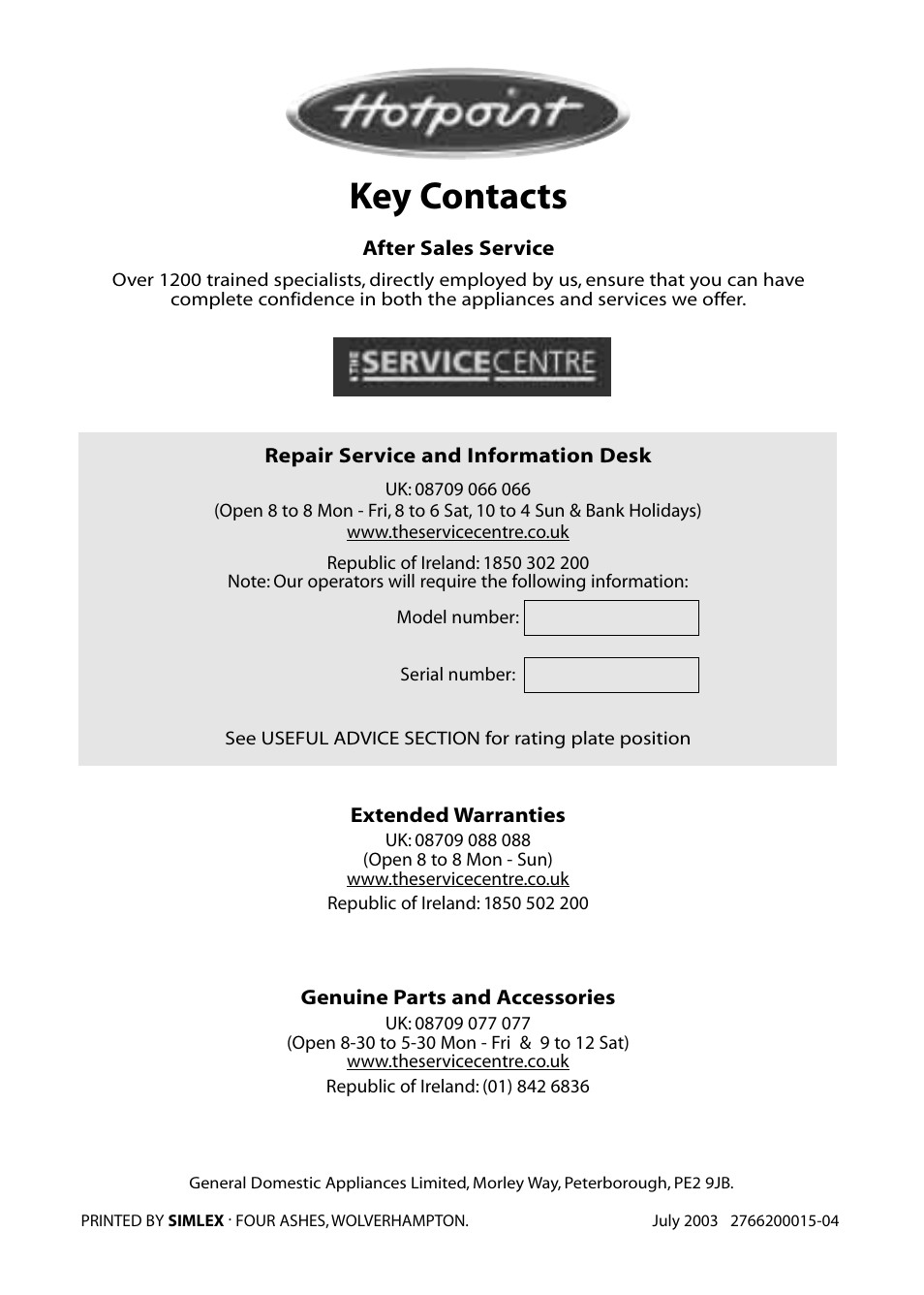 Key contacts | Hotpoint RLM80 User Manual | Page 20 / 20