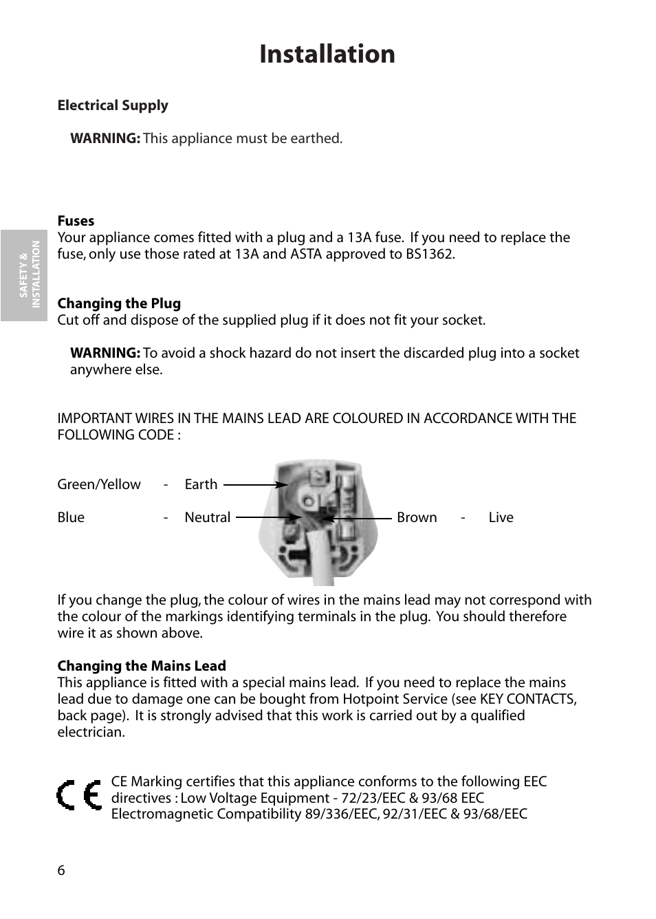 Installation | Hotpoint RLM80 User Manual | Page 6 / 20