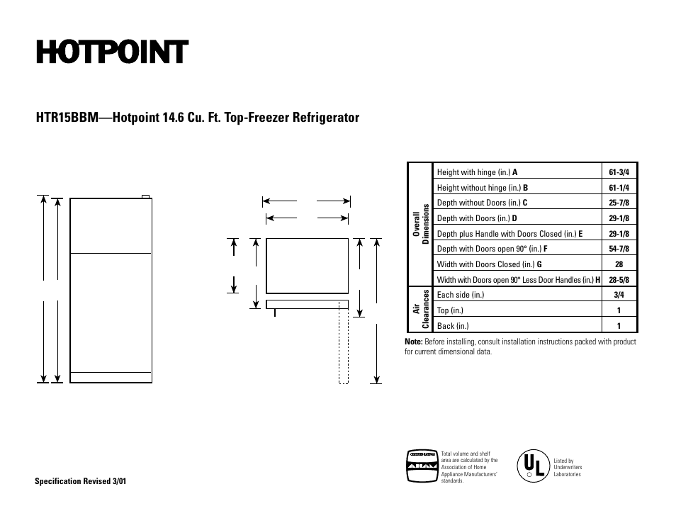 Hotpoint HTR15BBM User Manual | 2 pages