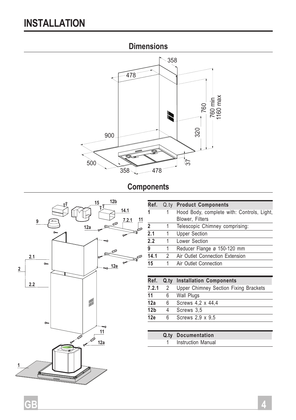 4gb installation, Dimensions components | Hotpoint HD90X User Manual | Page 4 / 12