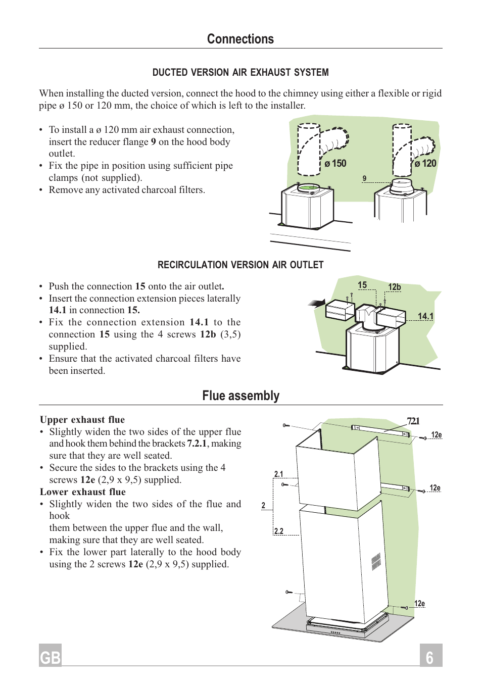 Connections, Flue assembly | Hotpoint HD90X User Manual | Page 6 / 12