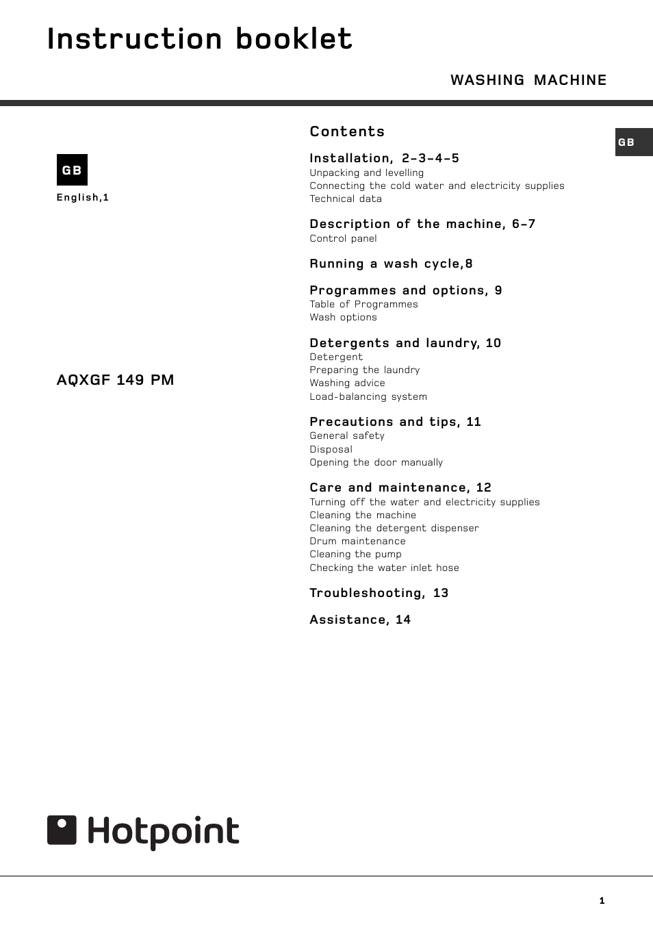 Hotpoint AQXGF 149 PM User Manual | 16 pages