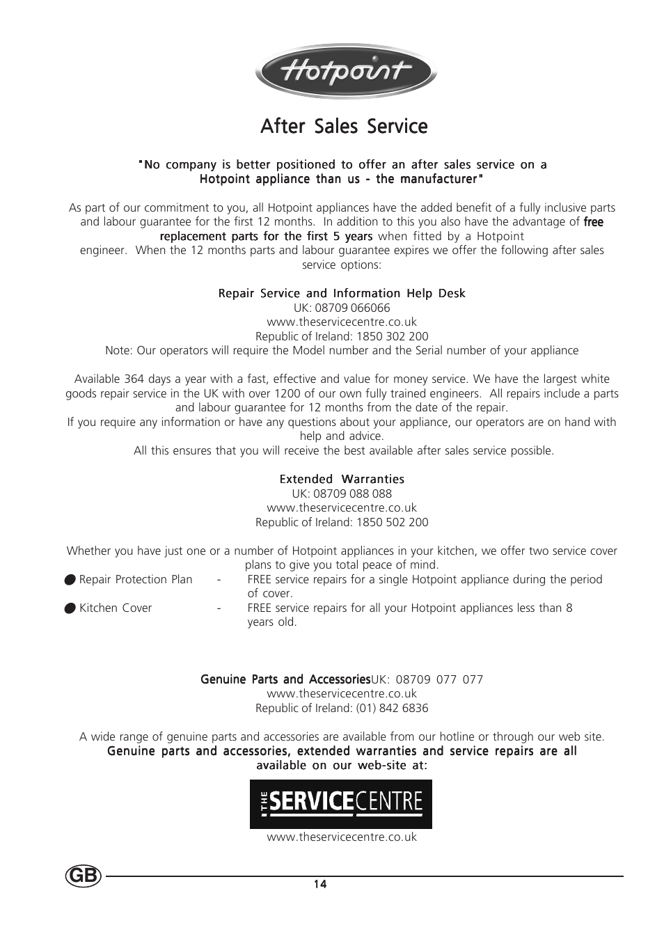 After sales service | Hotpoint HT232I User Manual | Page 14 / 16