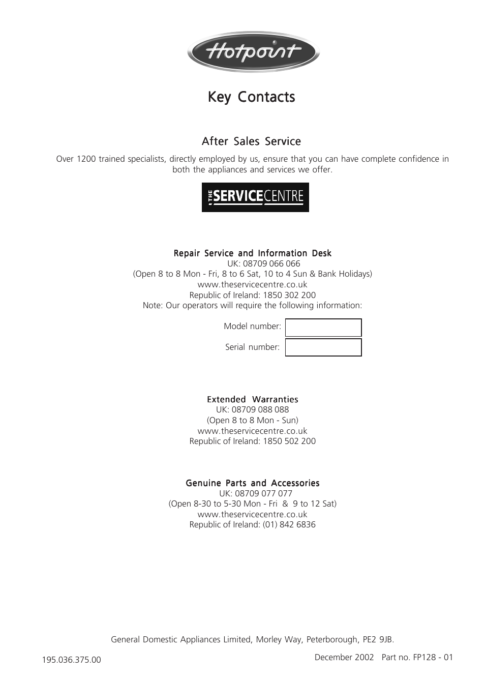 Key contacts | Hotpoint HT232I User Manual | Page 16 / 16