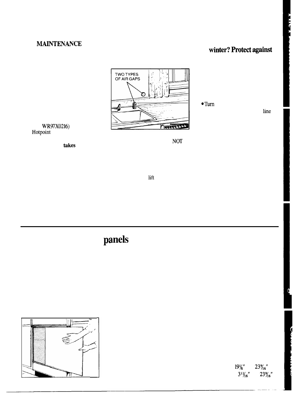 Air gap, Care and cleaning, Front panel color change | User maintenance instructions 19, Winter storage, How to change color, Not using your dishwasher in freezing | Hotpoint HDA2030 User Manual | Page 19 / 20