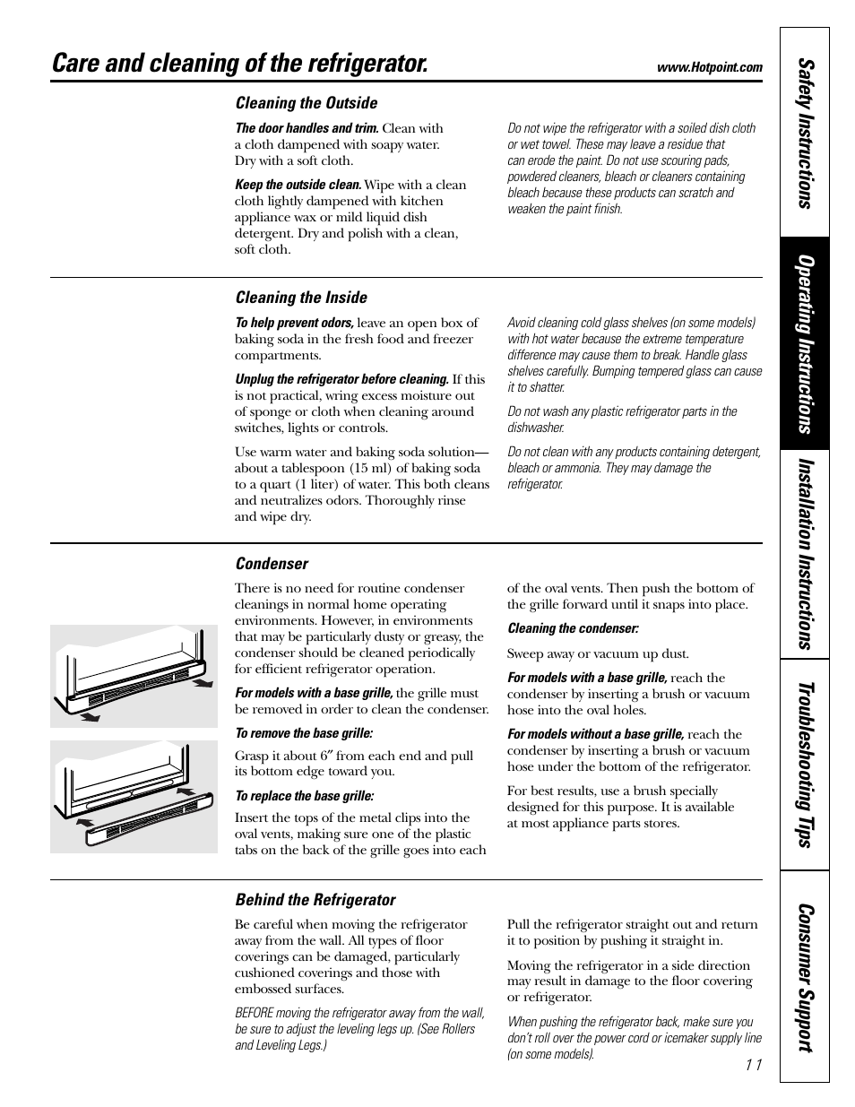 Care and cleaning, Care and cleaning of the refrigerator | Hotpoint 19 User Manual | Page 11 / 32