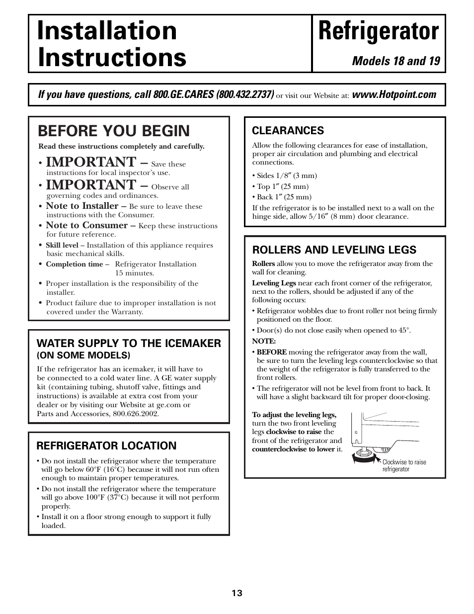 Preparing to install the refrigerator, Installation refrigerator instructions, Before you begin | Important, Models 18 and 19 | Hotpoint 19 User Manual | Page 13 / 32