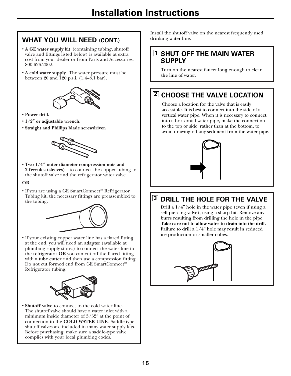 Installation instructions, What you will need, Shut off the main water supply | Choose the valve location, Drill the hole for the valve | Hotpoint 19 User Manual | Page 15 / 32