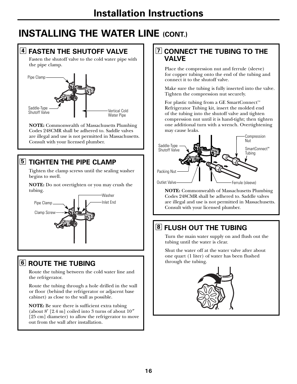 Installing the water line, Installation instructions, Connect the tubing to the valve | Flush out the tubing, Cont.), Fasten the shutoff valve, Tighten the pipe clamp, Route the tubing | Hotpoint 19 User Manual | Page 16 / 32