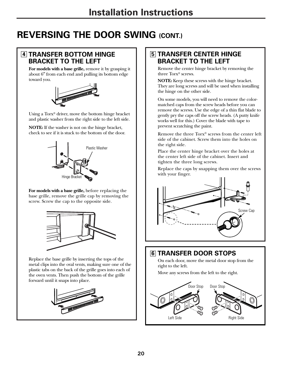 Installation instructions, Reversing the door swing, Transfer bottom hinge bracket to the left | Transfer center hinge bracket to the left, Cont.), Transfer door stops | Hotpoint 19 User Manual | Page 20 / 32
