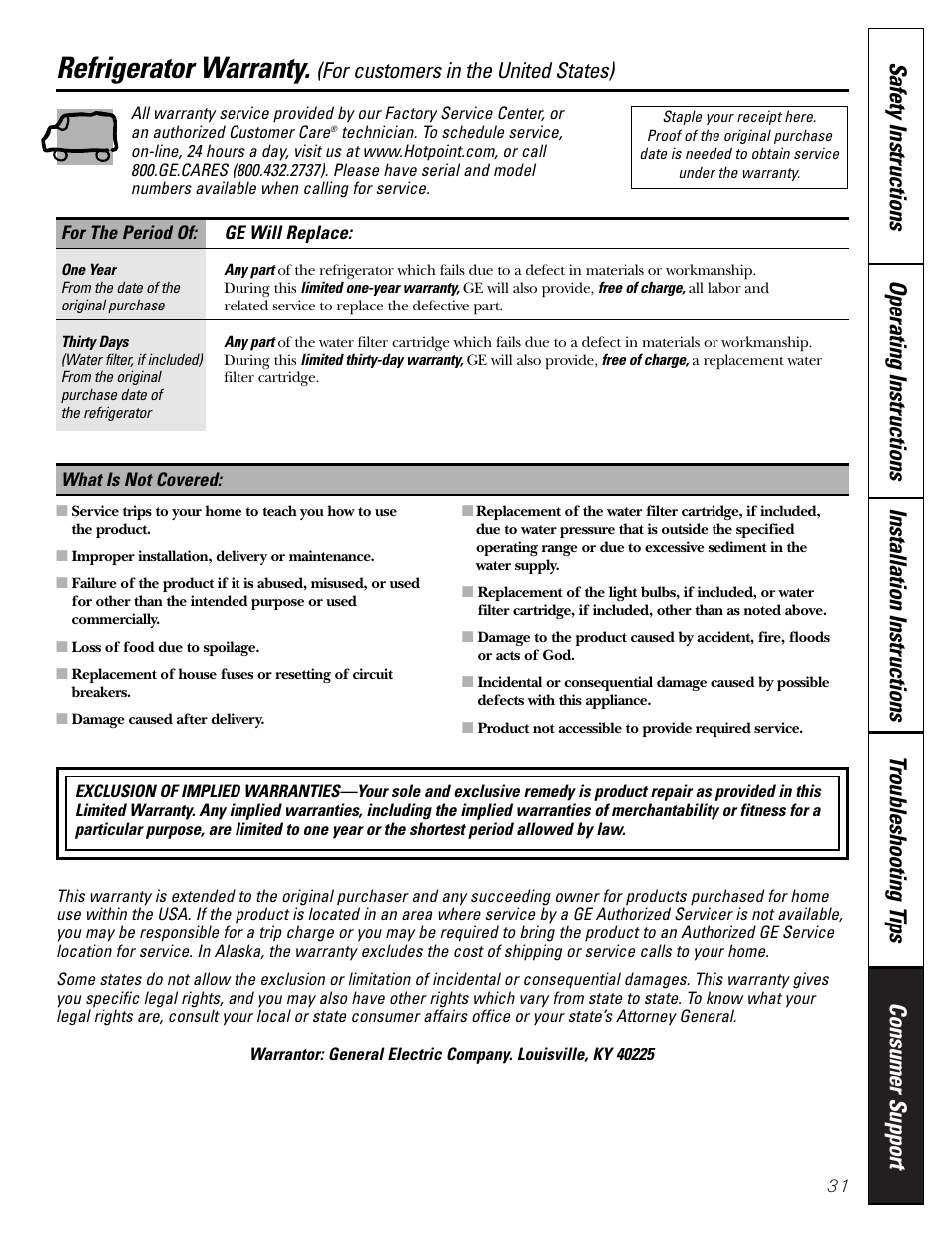 Warranty, Refrigerator warranty, For customers in the united states) | Hotpoint 19 User Manual | Page 31 / 32