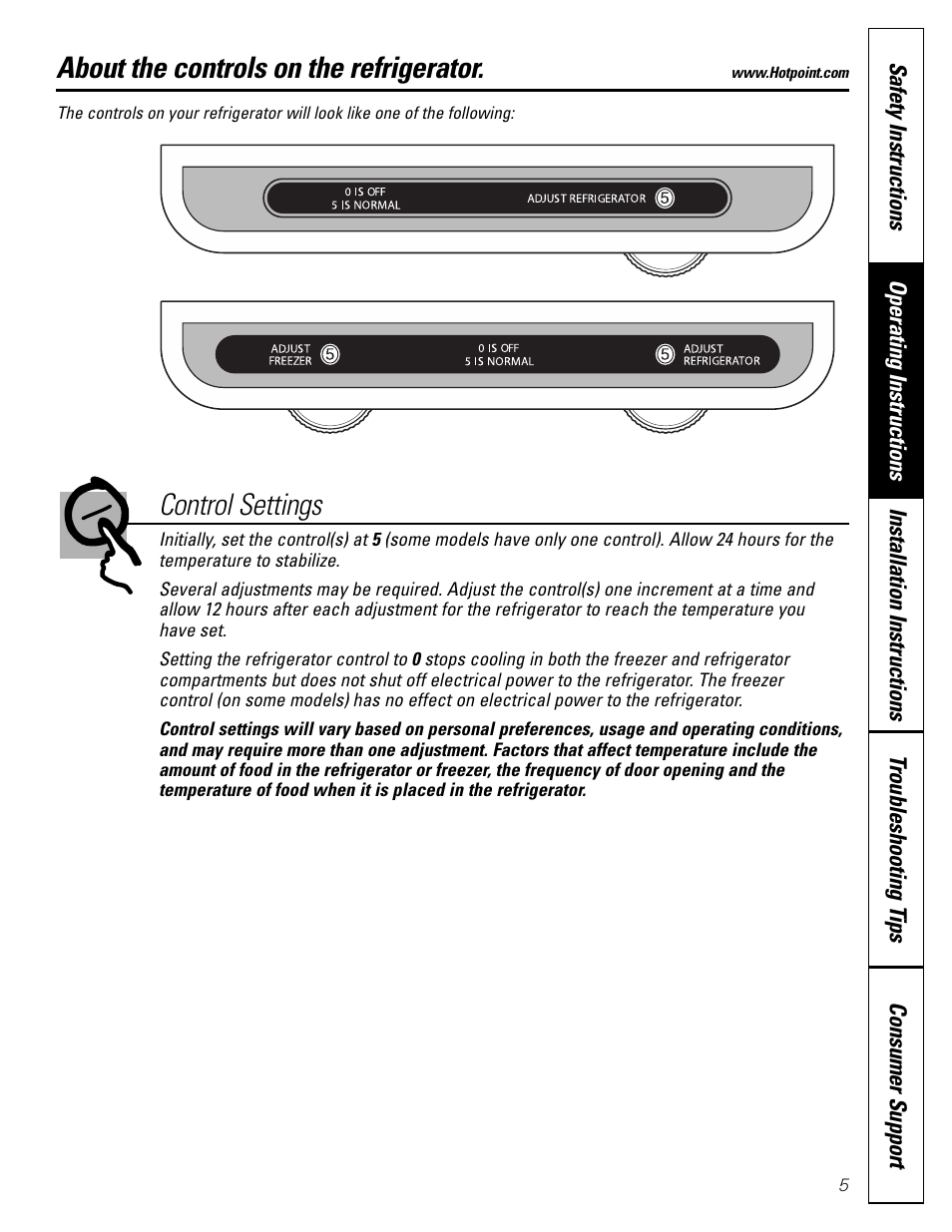 Controls, About the controls on the refrigerator, Control settings | Hotpoint 19 User Manual | Page 5 / 32