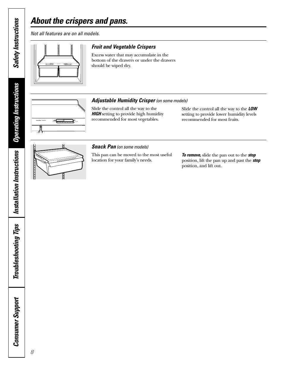 Crispers and pans, Crispers and pans , 9, About the crispers and pans | Hotpoint 19 User Manual | Page 8 / 32