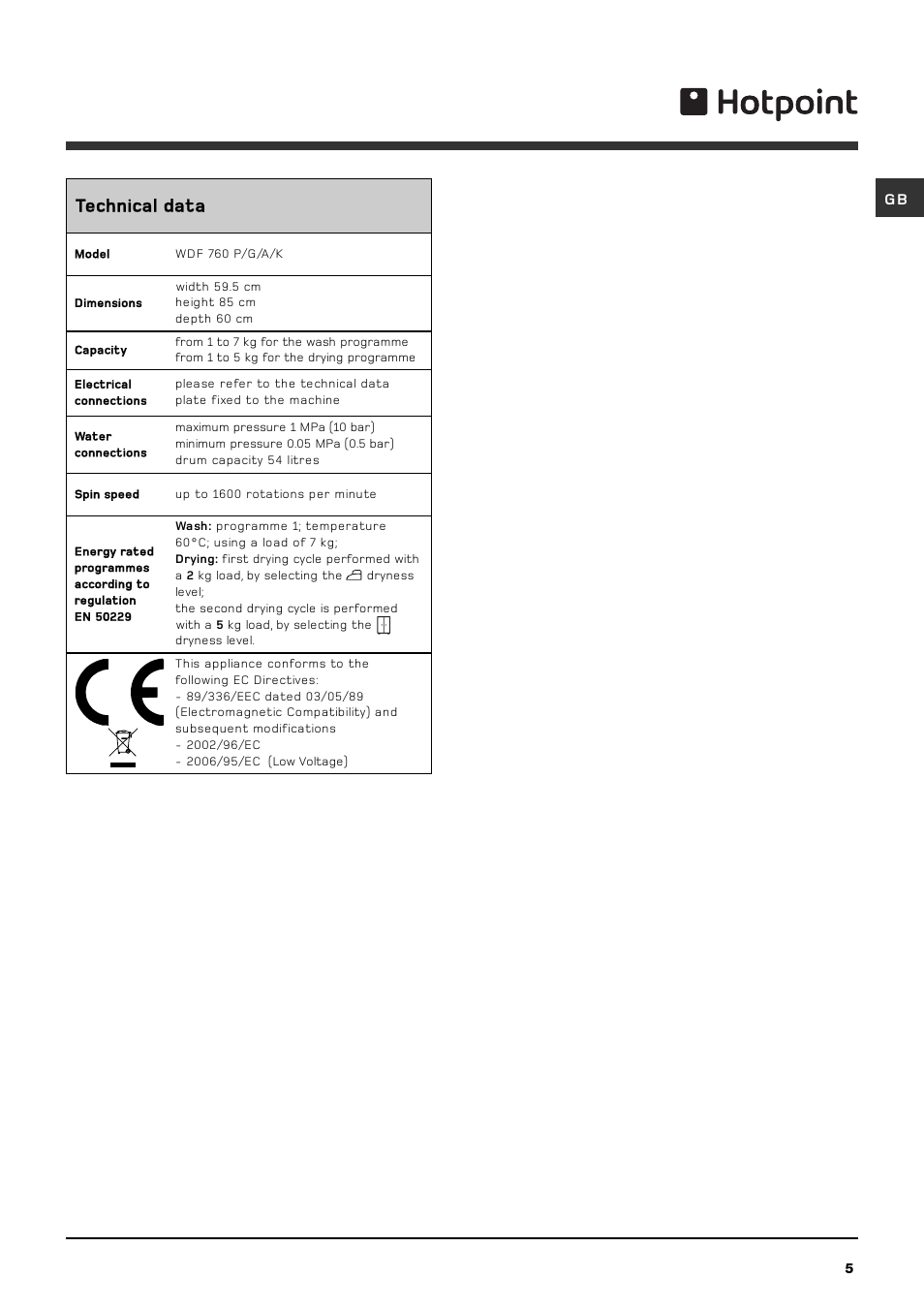 Technical data | Hotpoint WDF 760 P/G/A/K User Manual | Page 5 / 16