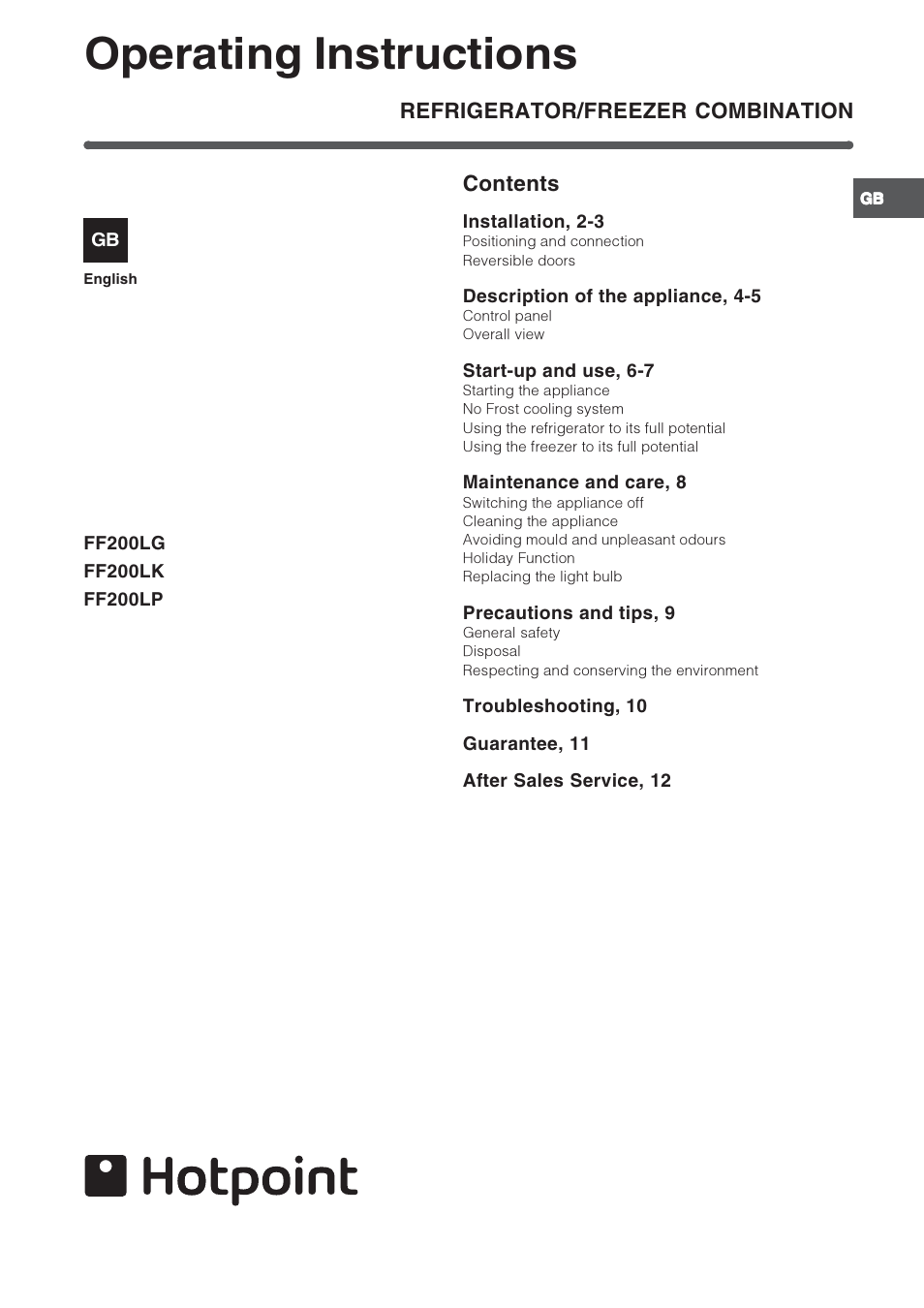 Hotpoint /Freezer Combination FF200LG User Manual | 12 pages