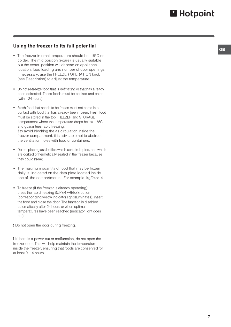 Using the freezer to its full potential | Hotpoint /Freezer Combination FF200LG User Manual | Page 7 / 12