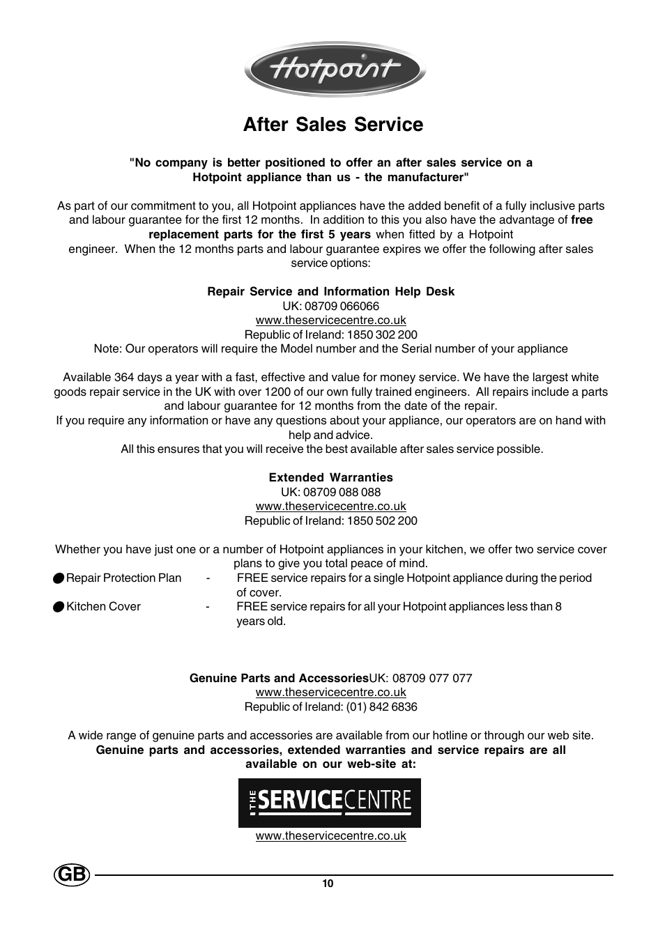 After sales service | Hotpoint E3BX User Manual | Page 10 / 12