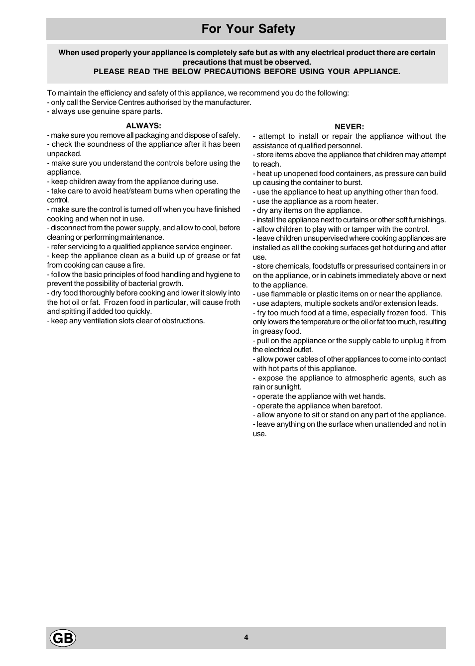 For your safety | Hotpoint E3BX User Manual | Page 4 / 12