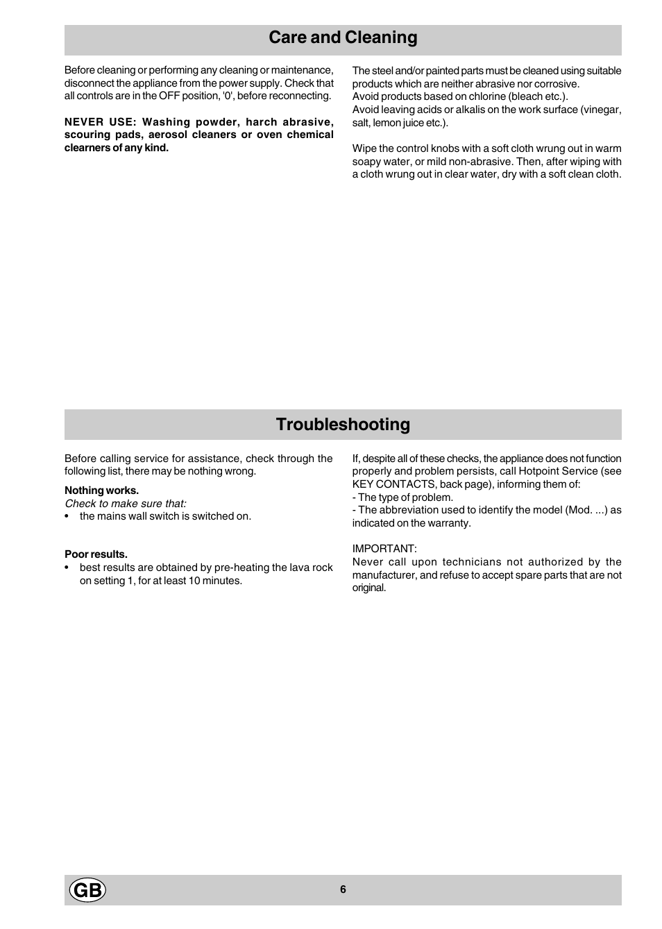 Care and cleaning troubleshooting | Hotpoint E3BX User Manual | Page 6 / 12