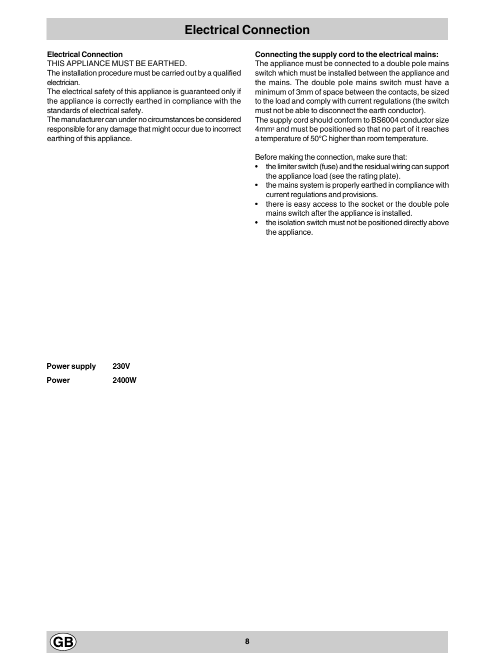 Electrical connection | Hotpoint E3BX User Manual | Page 8 / 12