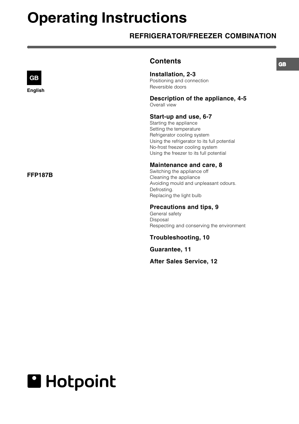 Hotpoint FFP187B User Manual | 12 pages