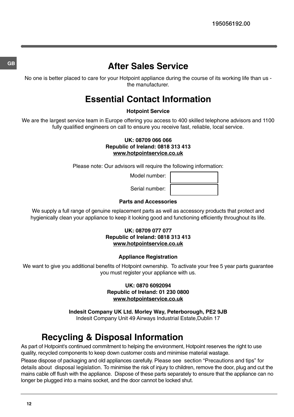 After sales service, Essential contact information, Recycling & disposal information | Hotpoint FFP187B User Manual | Page 12 / 12