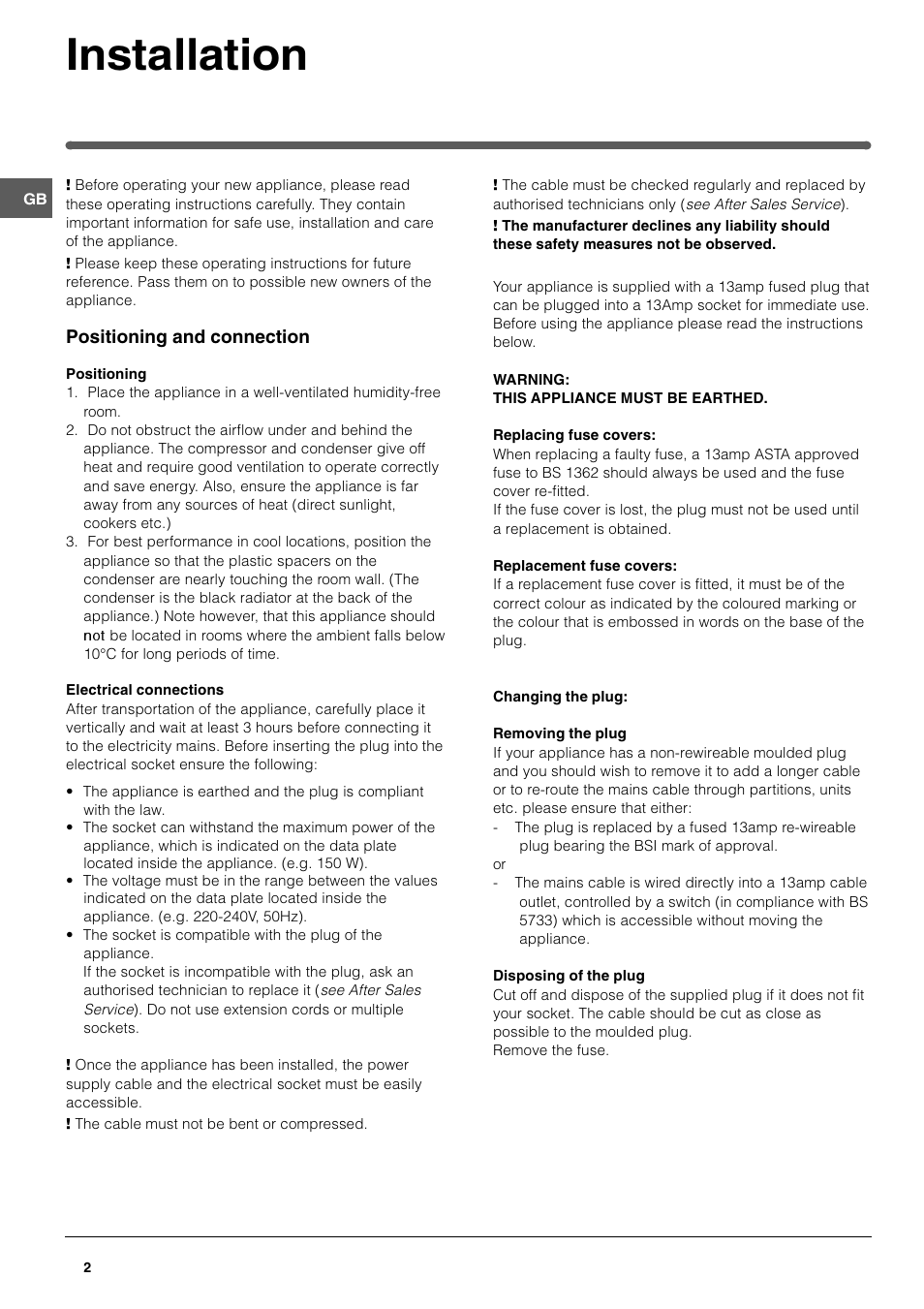 Installation | Hotpoint FFP187B User Manual | Page 2 / 12