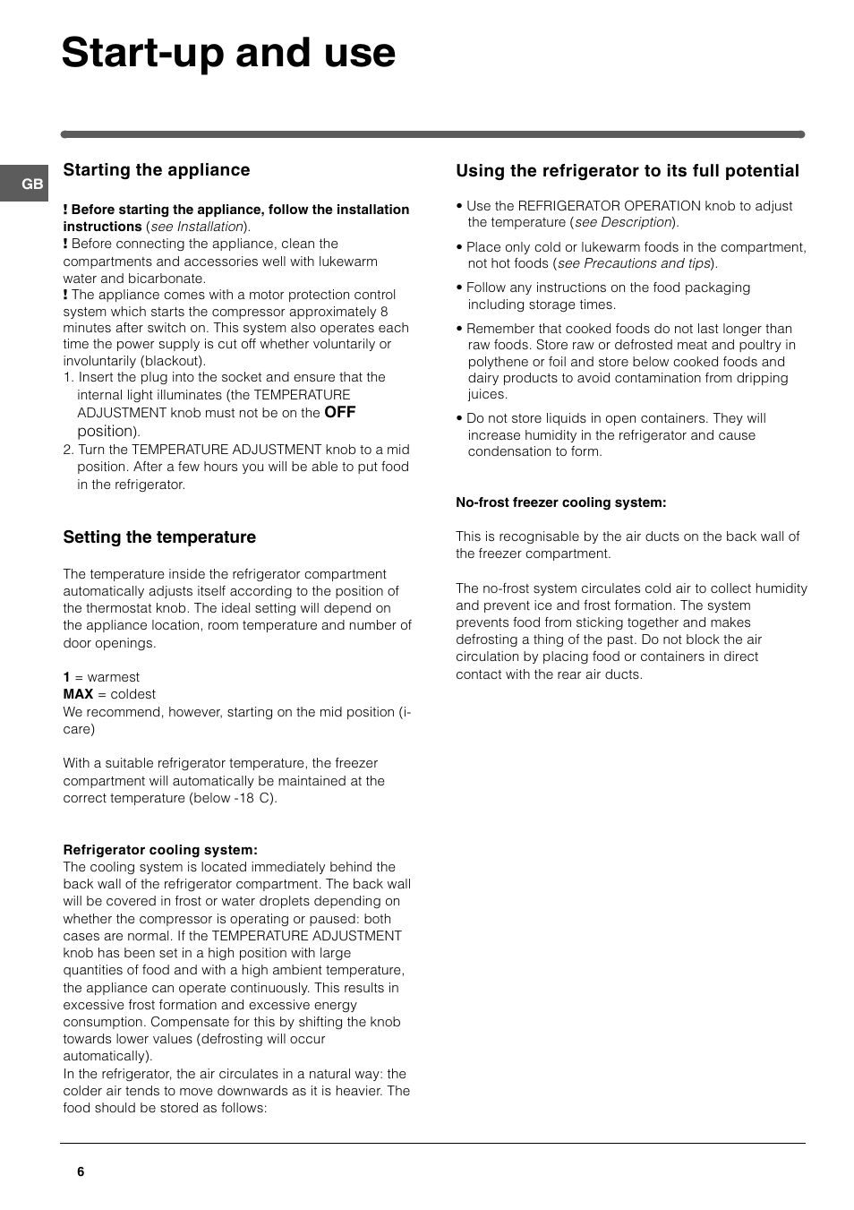 Start-up and use | Hotpoint FFP187B User Manual | Page 6 / 12