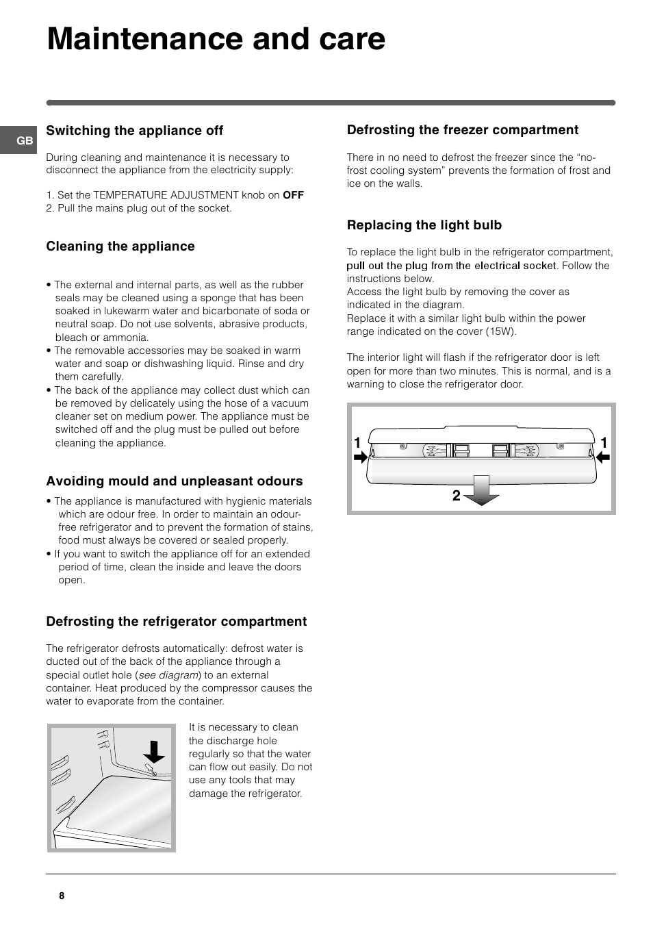 Maintenance and care | Hotpoint FFP187B User Manual | Page 8 / 12