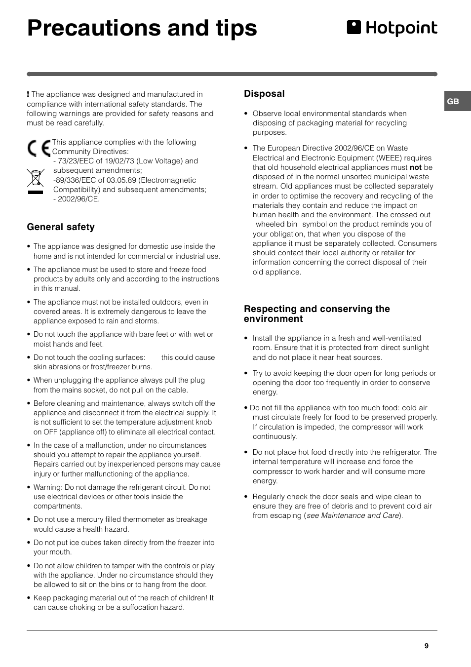 Precautions and tips | Hotpoint FFP187B User Manual | Page 9 / 12