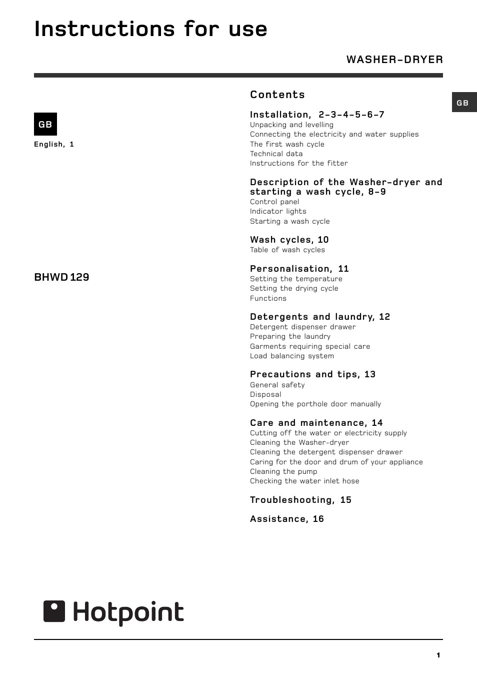 Hotpoint BHWD129 User Manual | 20 pages