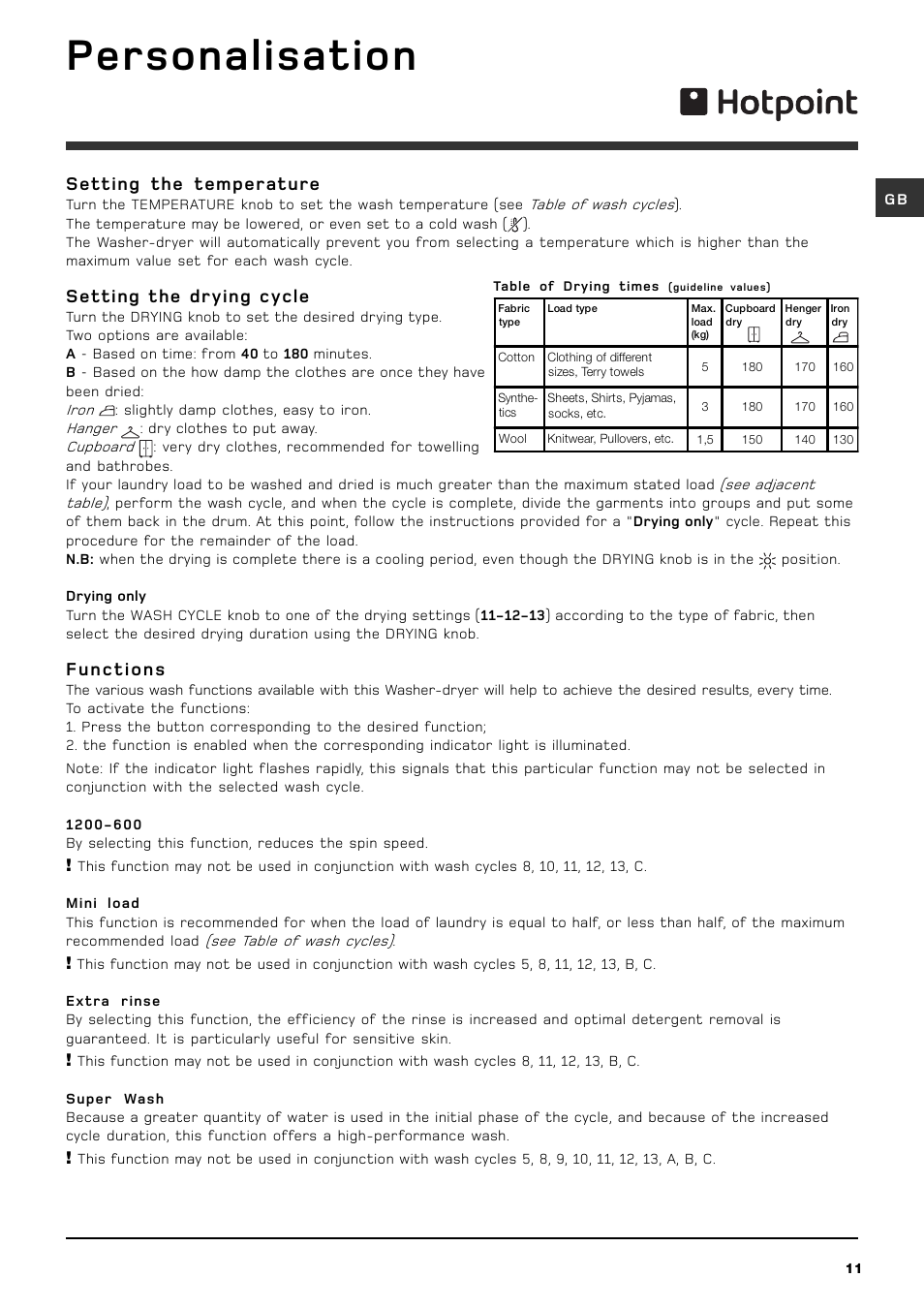 Personalisation, Setting the temperature, Setting the drying cycle | Functions | Hotpoint BHWD129 User Manual | Page 11 / 20