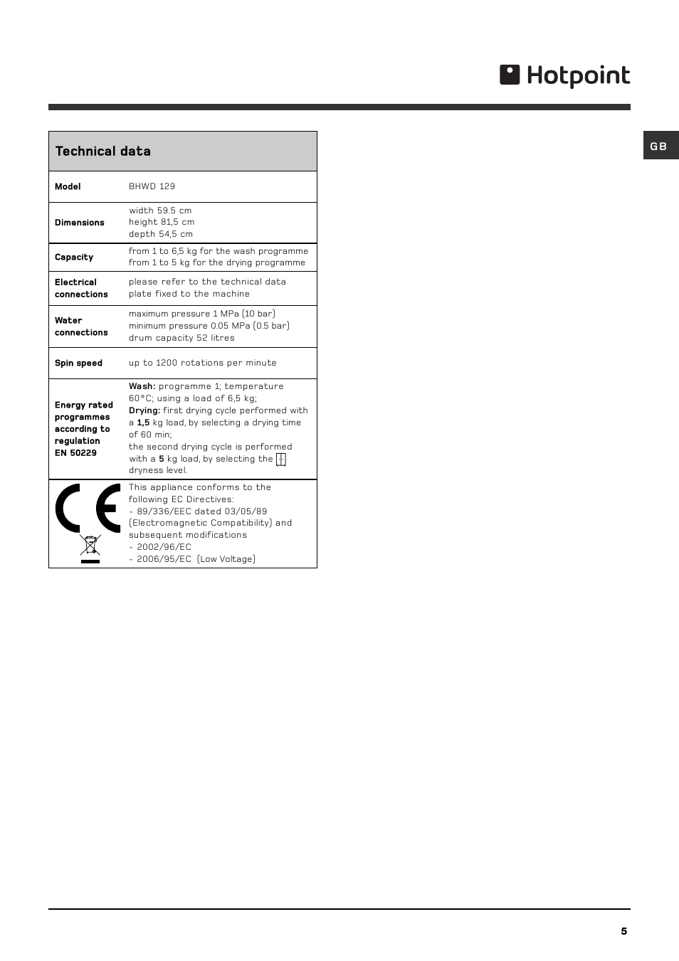 Technical data | Hotpoint BHWD129 User Manual | Page 5 / 20