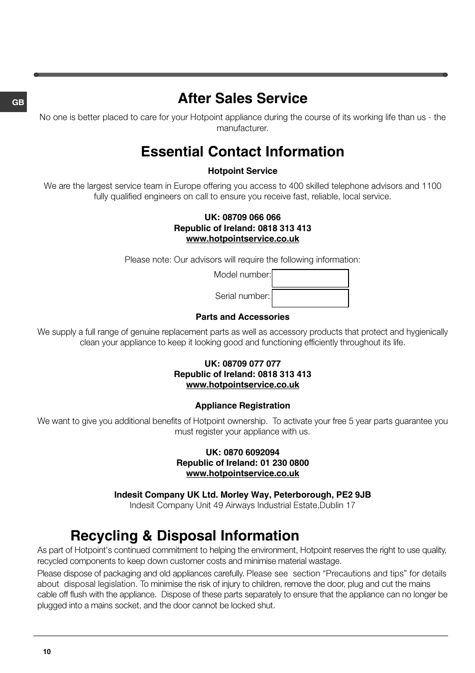 After sales service, Essential contact information, Recycling & disposal information | Hotpoint FZ175X User Manual | Page 10 / 12