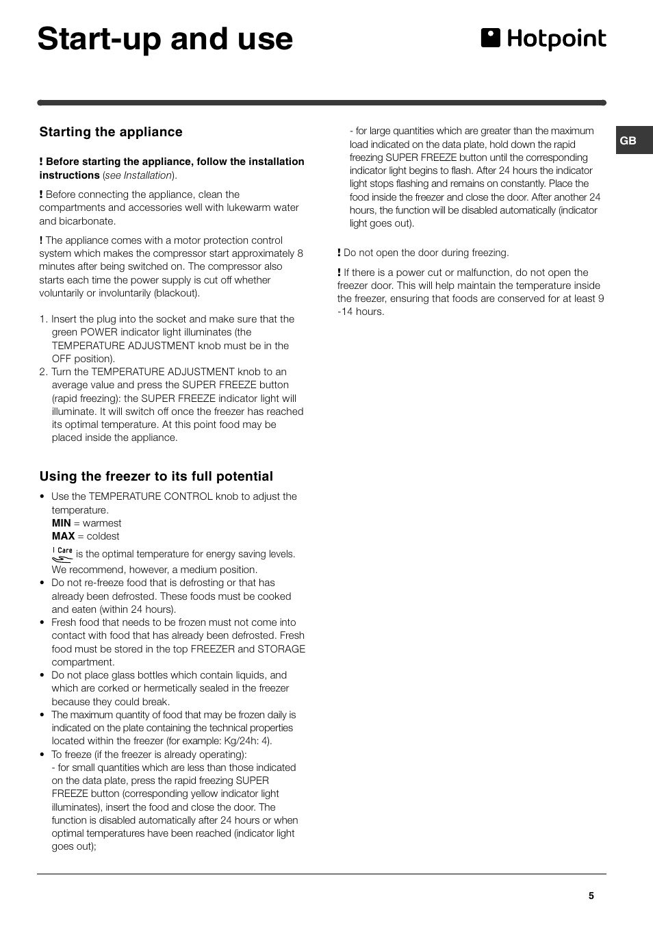 Start-up and use | Hotpoint FZ175X User Manual | Page 5 / 12