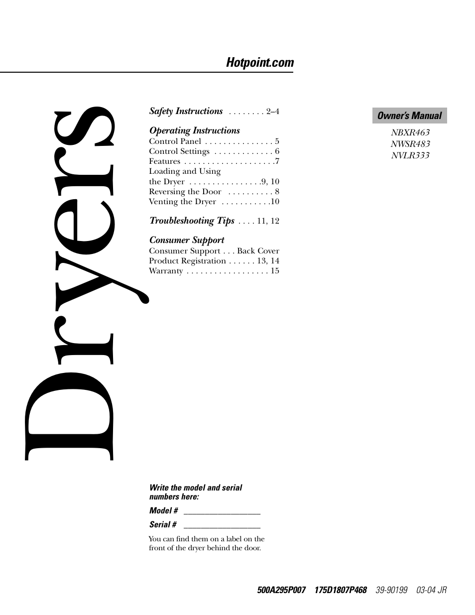 Hotpoint DRYERS NWSR483 User Manual | 16 pages