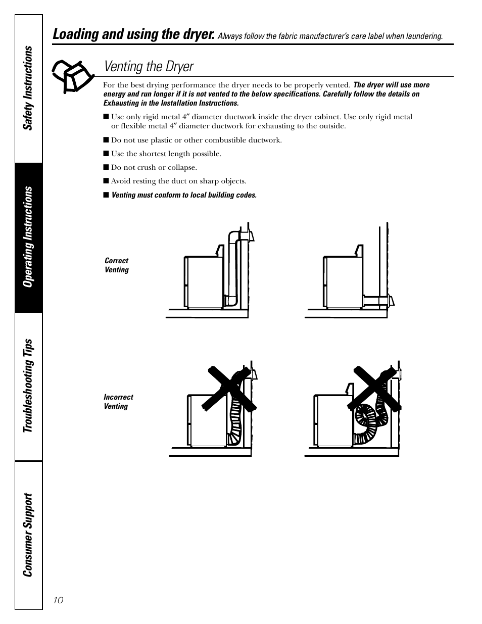 Venting the dryer, Loading and using the dryer | Hotpoint DRYERS NWSR483 User Manual | Page 10 / 16