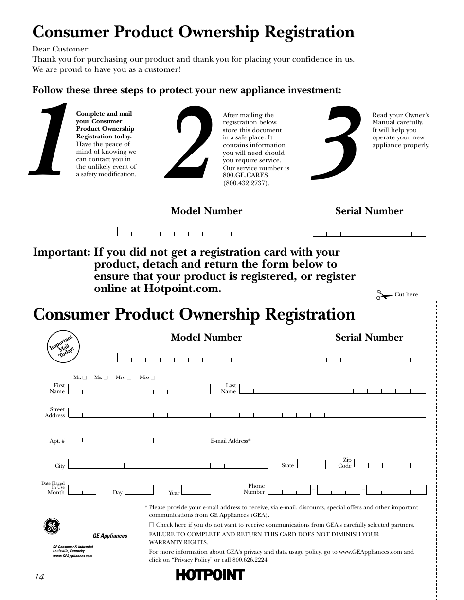 Consumer product ownership registration, Model number serial number | Hotpoint DRYERS NWSR483 User Manual | Page 14 / 16