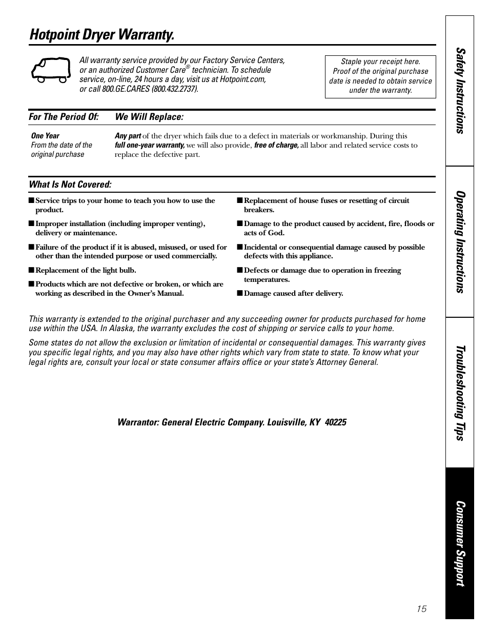 Warranty, Hotpoint dryer warranty | Hotpoint DRYERS NWSR483 User Manual | Page 15 / 16