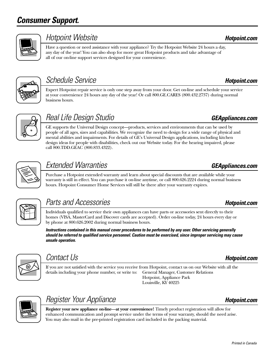 Consumer support, Consumer support . . . back cover, Consumer support. hotpoint website | Schedule service, Real life design studio, Extended warranties, Parts and accessories, Contact us, Register your appliance | Hotpoint DRYERS NWSR483 User Manual | Page 16 / 16