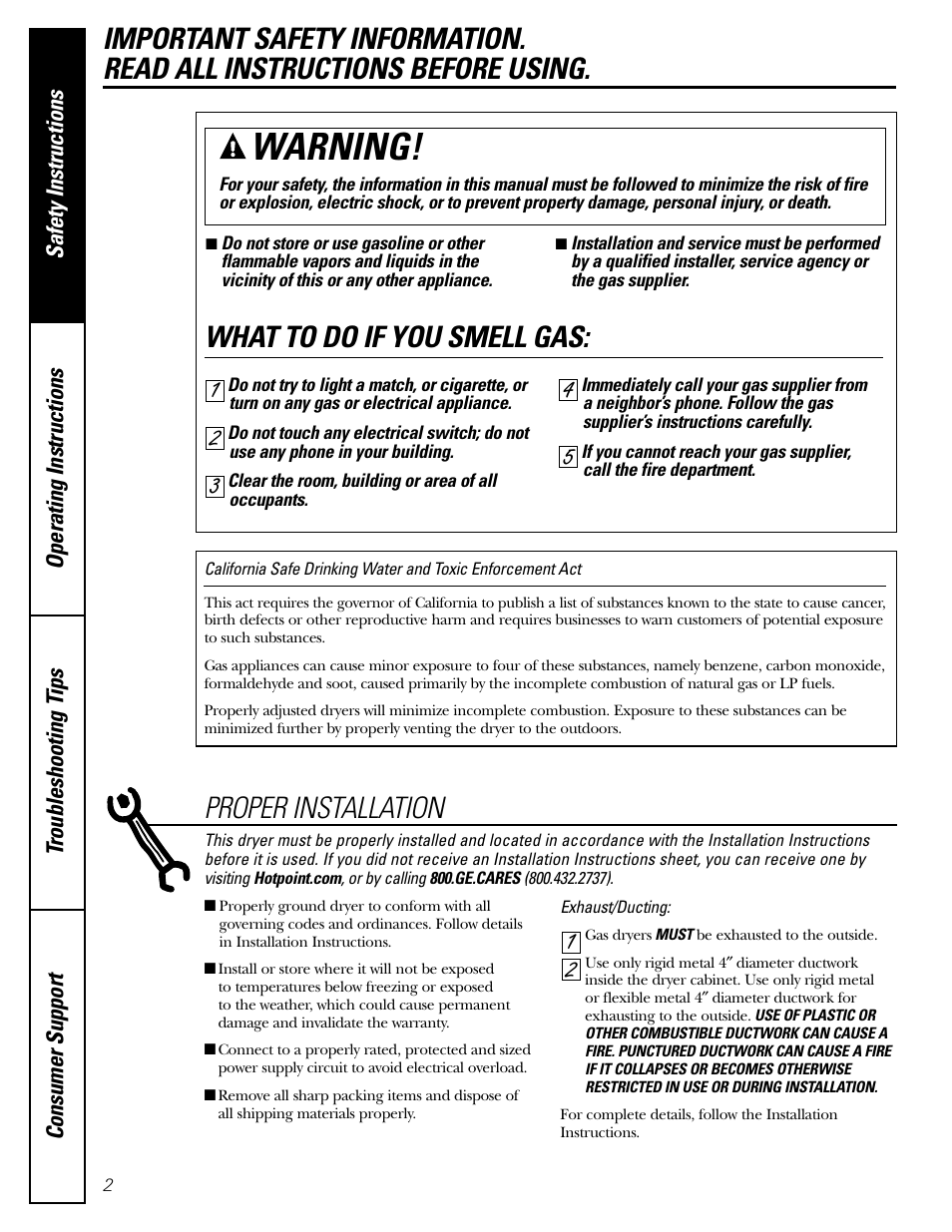 Safety instructions, Warning, What to do if you smell gas | Proper installation | Hotpoint DRYERS NWSR483 User Manual | Page 2 / 16