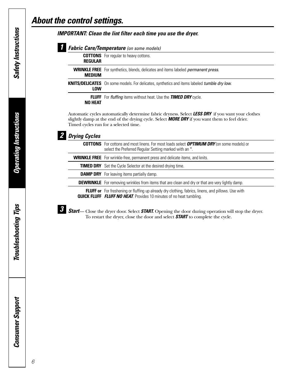 Control settings, About the control settings | Hotpoint DRYERS NWSR483 User Manual | Page 6 / 16