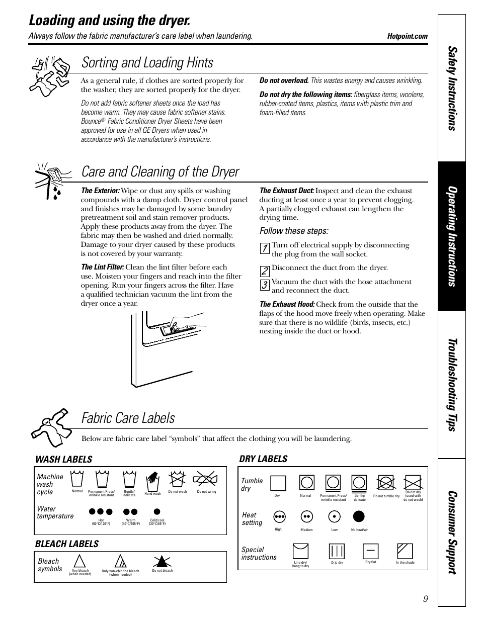Loading and using the dryer, Loading and using the dryer , 10, Sorting and loading hints | Fabric care labels, 32 1 care and cleaning of the dryer, Follow these steps, Wash labels dry labels bleach labels | Hotpoint DRYERS NWSR483 User Manual | Page 9 / 16