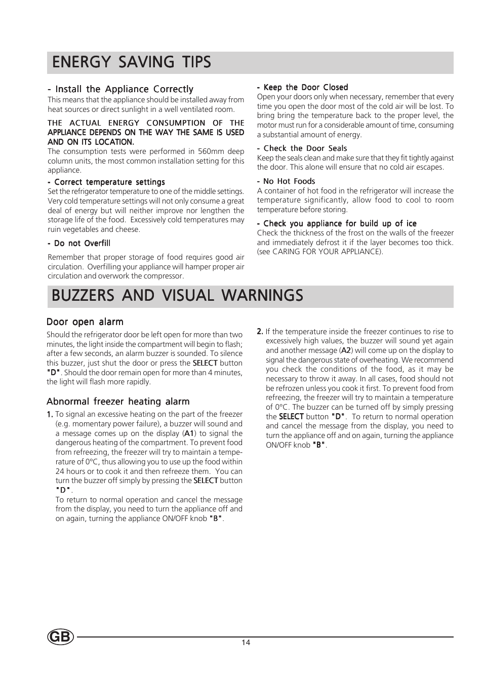 Energy saving tips, Buzzers and visual warnings | Hotpoint HMS313I User Manual | Page 14 / 20